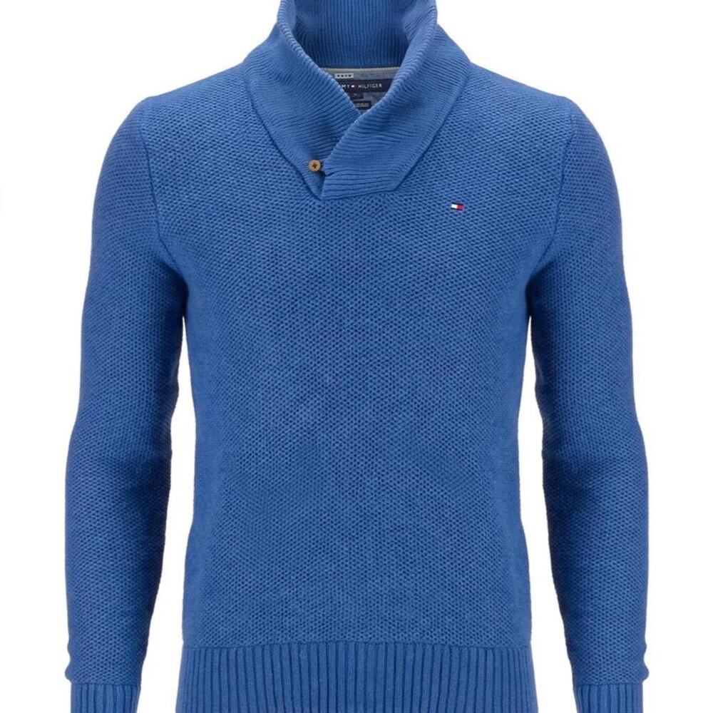 Tommy Hilfiger Sweater Mens M Blue Shawl Collar Pima Cotton Merino Wool